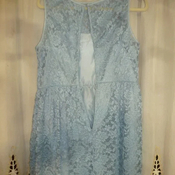 Easter Sale Simply Liliana Lace Dress Sz 12 Blue Sleeveless Fit Flare Satin Tie - Picture 6 of 9
